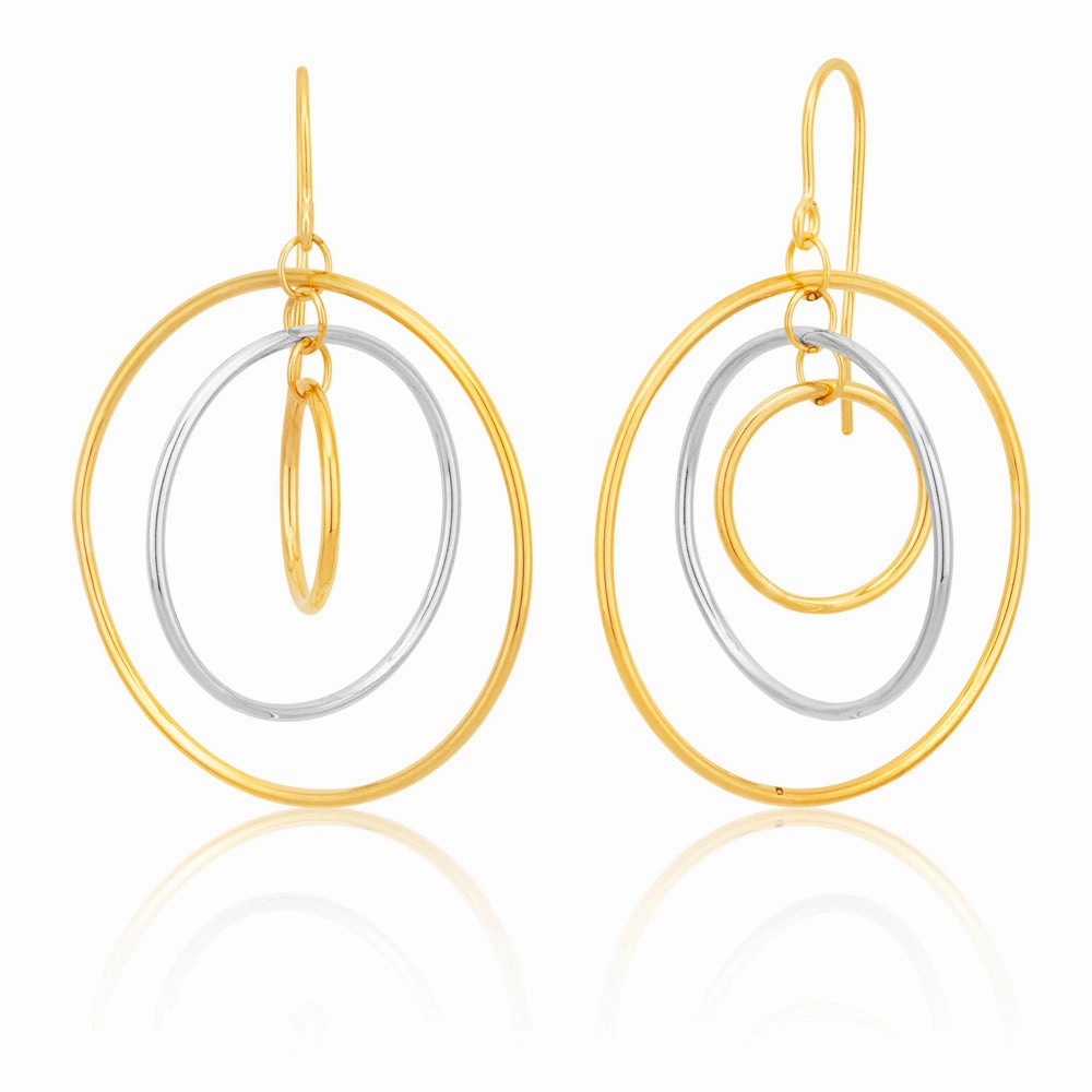 9ct Two-Tone Gold 3x Circle Hook Drop Earrings