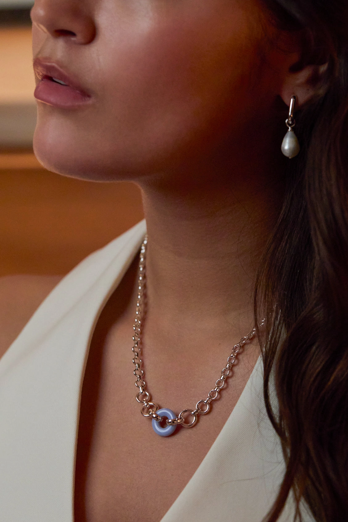 Blue Lace Agate Graduated Round Link Chain Necklace