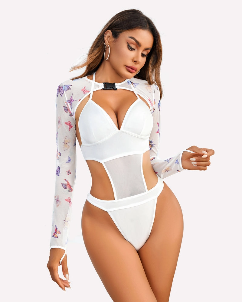 Butterfly Rave Outfits Bodysuit Crop Top Set