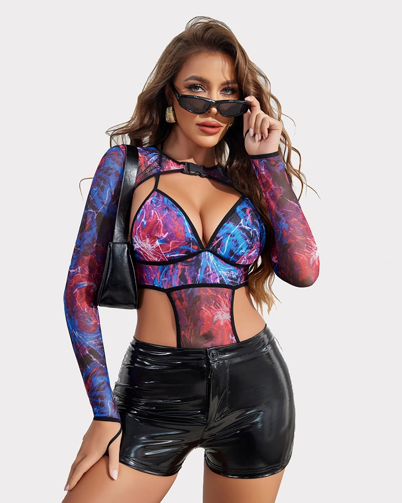 Butterfly Rave Outfits Bodysuit Crop Top Set