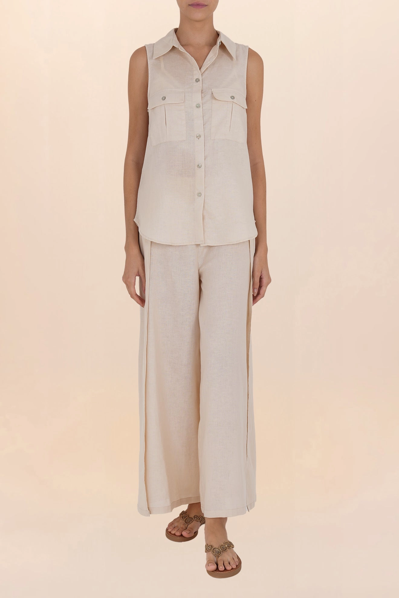 Camisa de Botones de Lino Beige