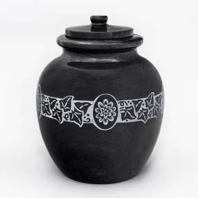 Chrysanthemum Round Natural Marble Cremation Urn in Black