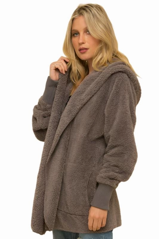Hem & Thread Fuzzy knit open front, hooded cardigan with pockets L2394
