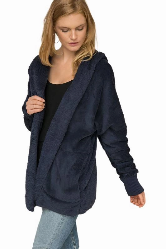 Hem & Thread Fuzzy knit open front, hooded cardigan with pockets L2394