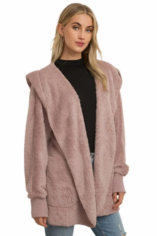 Hem & Thread Fuzzy knit open front, hooded cardigan with pockets L2394