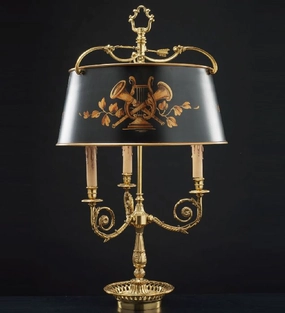 Large French Gold Bouillotte Style Table Light With Handpainted Shade