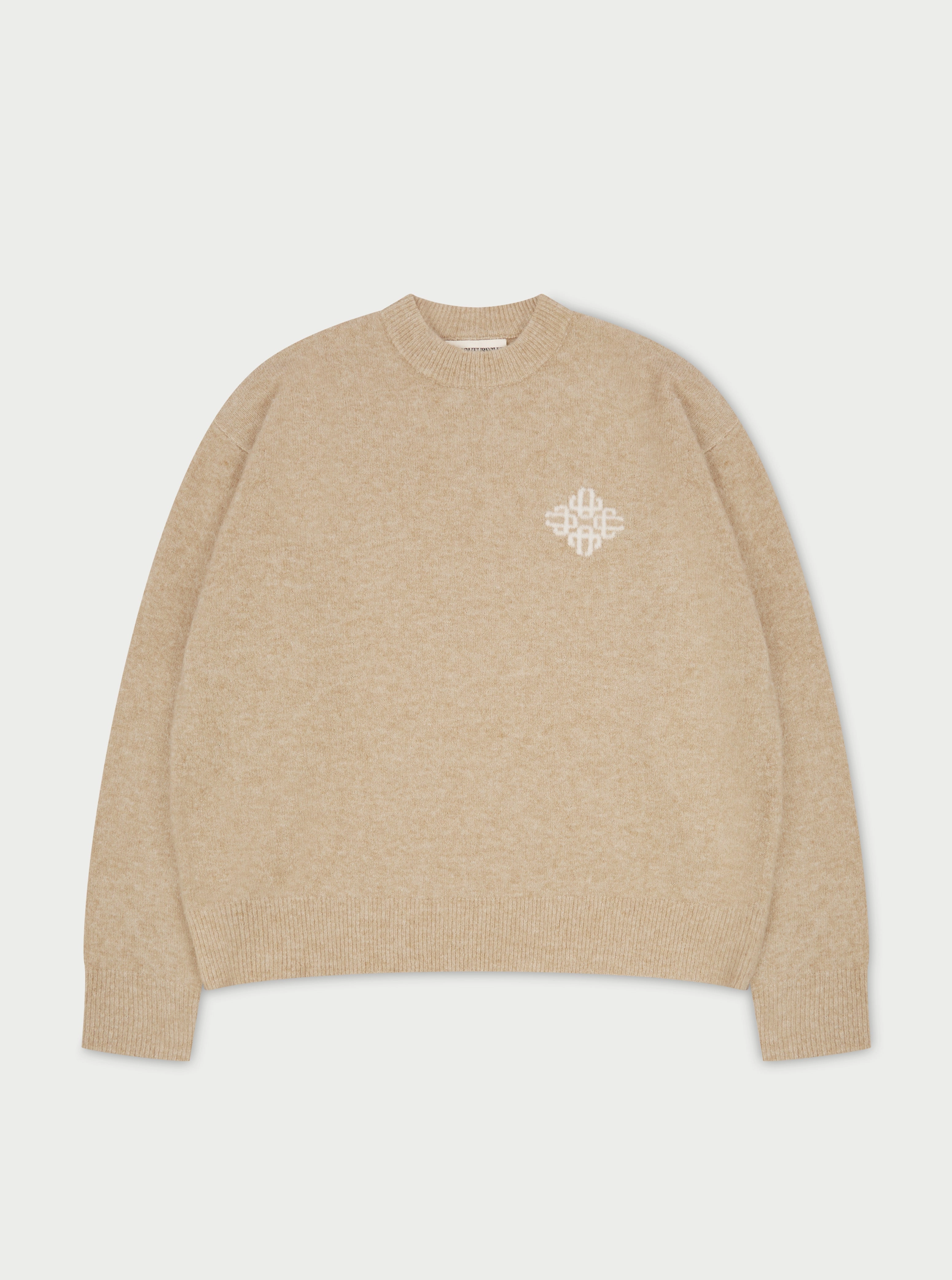 LIGHTWEIGHT FLUFFY KNIT EMBLEM CREW - BEIGE