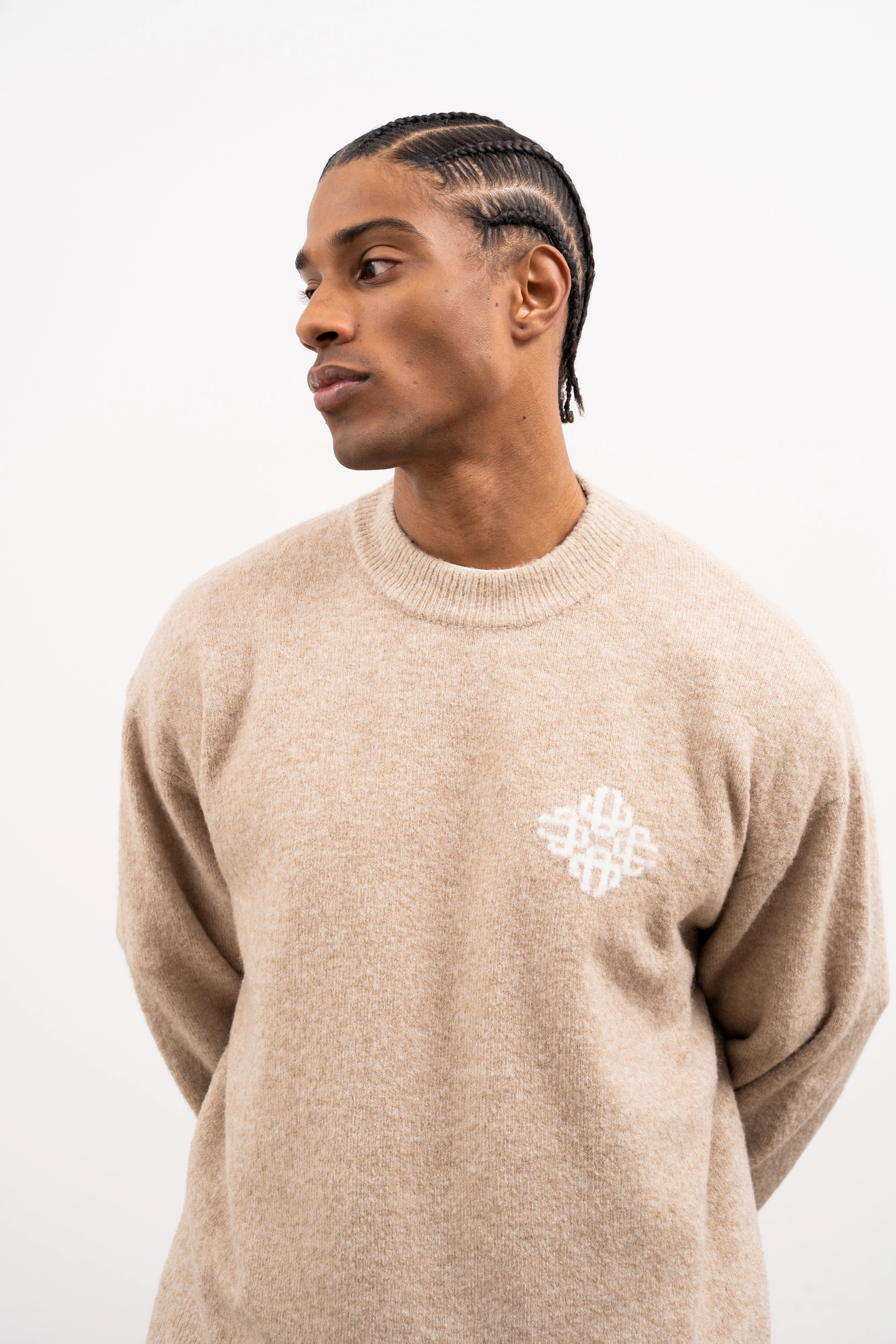 LIGHTWEIGHT FLUFFY KNIT EMBLEM CREW - BEIGE