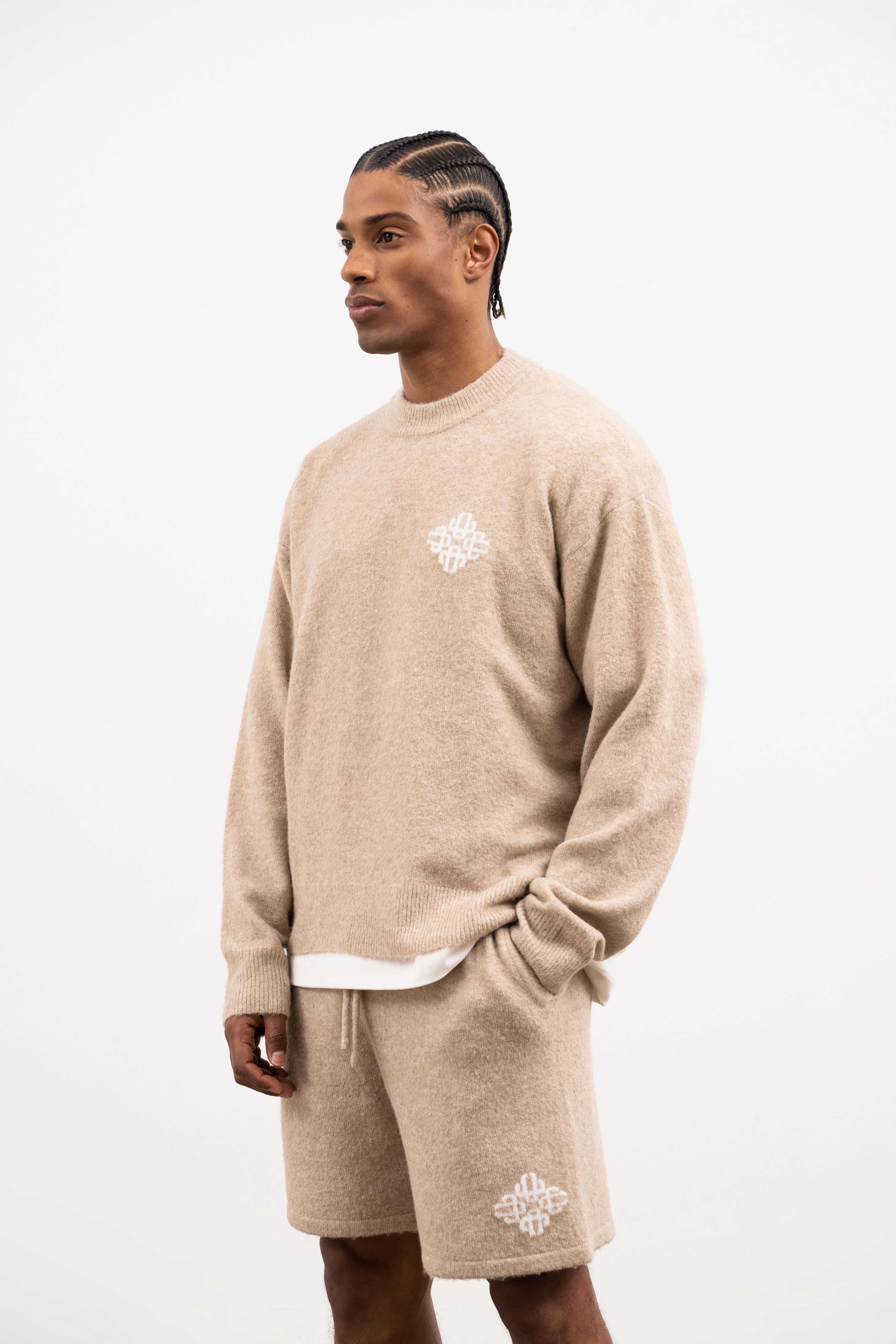 LIGHTWEIGHT FLUFFY KNIT EMBLEM CREW - BEIGE
