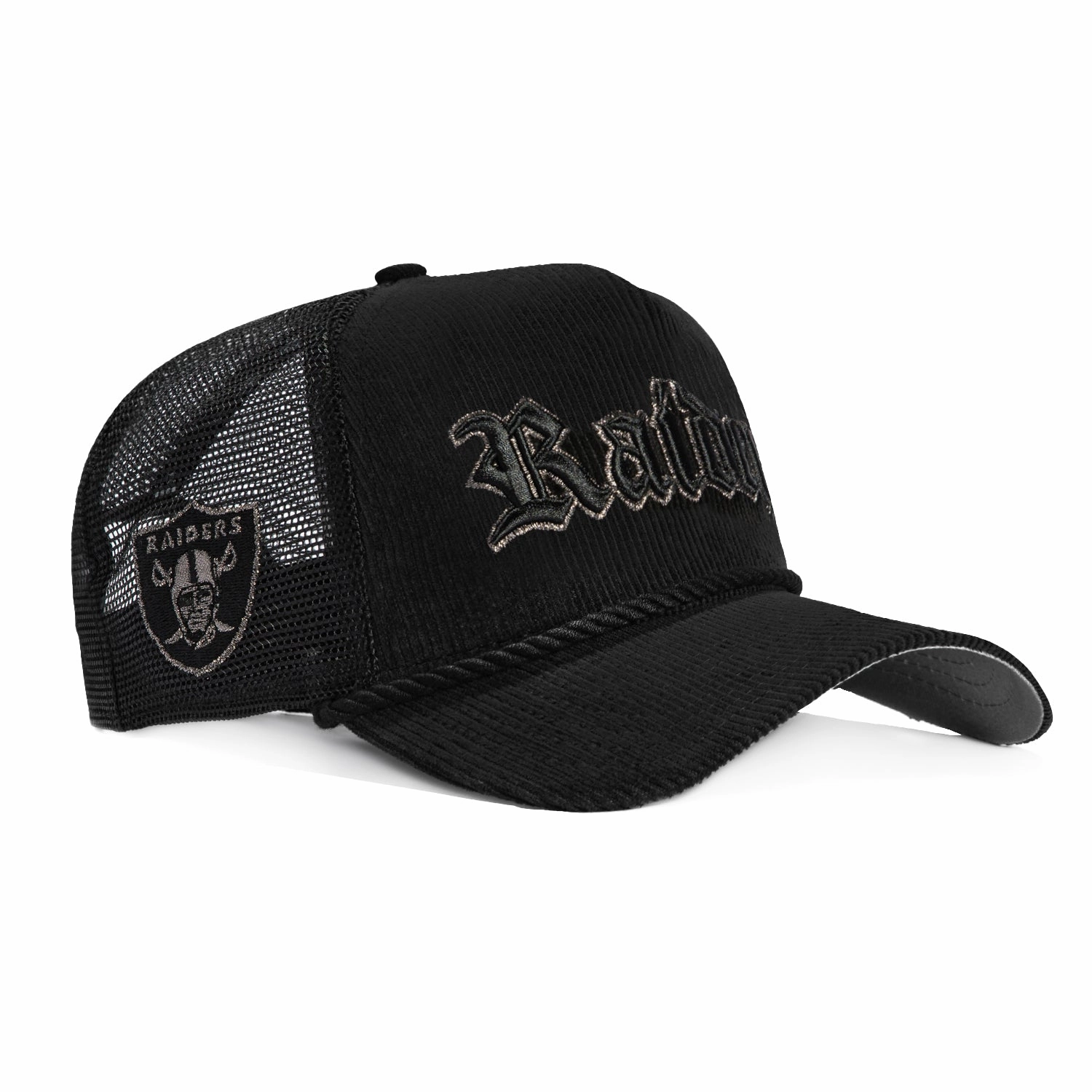 New Era 9Forty A-Frame Corduroy Rope Las Vegas Raiders Logo Patch Snapback Trucker Old English Script Hat - Black