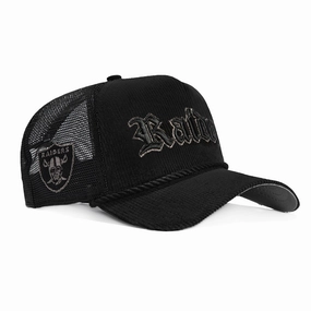 New Era 9Forty A-Frame Corduroy Rope Las Vegas Raiders Logo Patch Snapback Trucker Old English Script Hat - Black