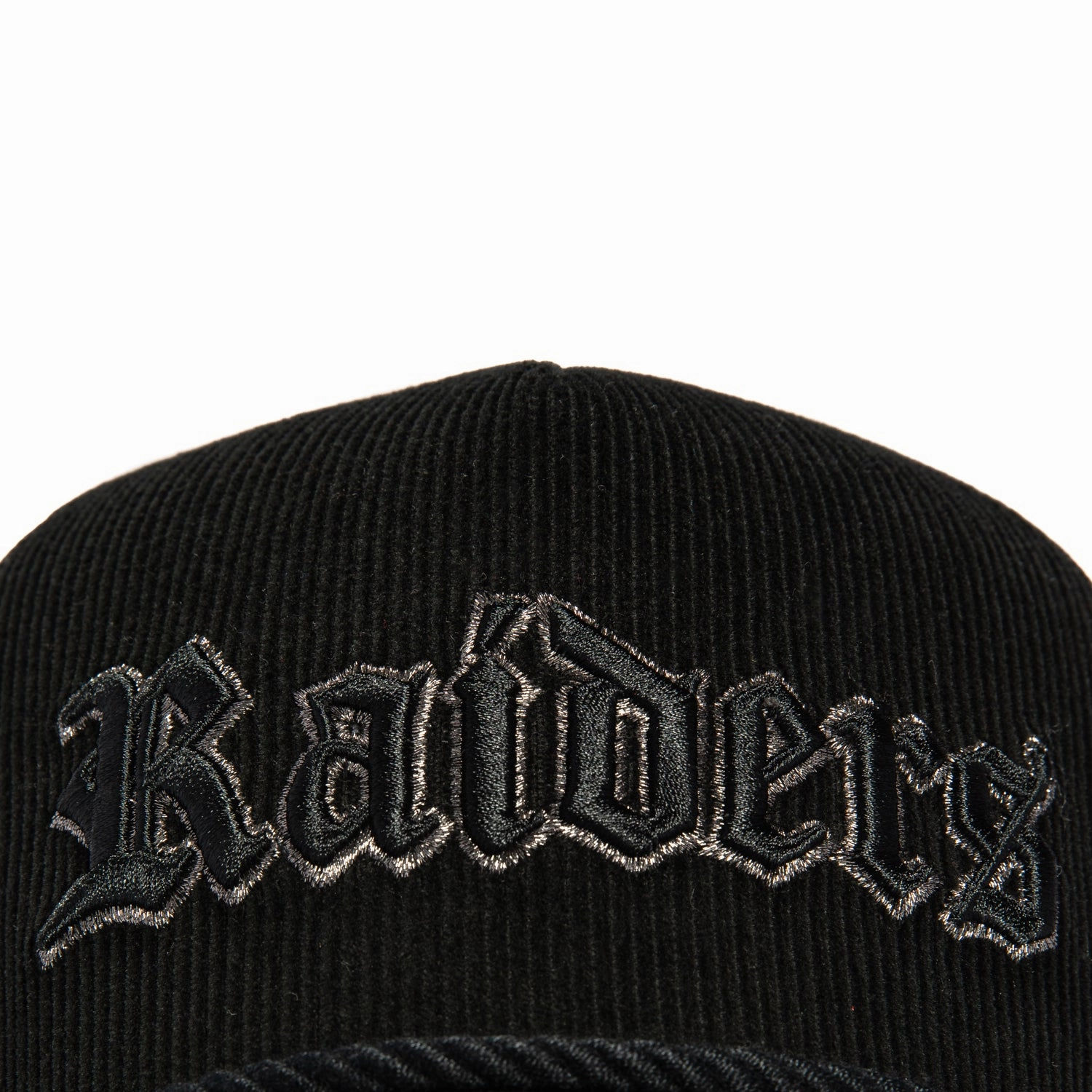 New Era 9Forty A-Frame Corduroy Rope Las Vegas Raiders Logo Patch Snapback Trucker Old English Script Hat - Black