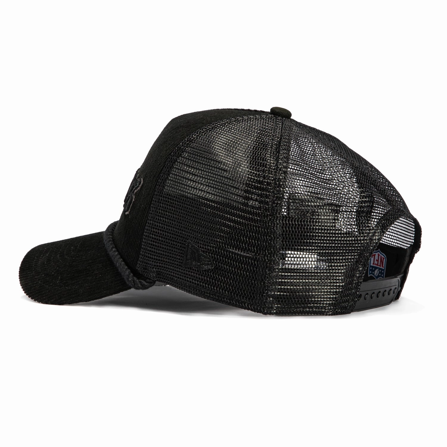 New Era 9Forty A-Frame Corduroy Rope Las Vegas Raiders Logo Patch Snapback Trucker Old English Script Hat - Black
