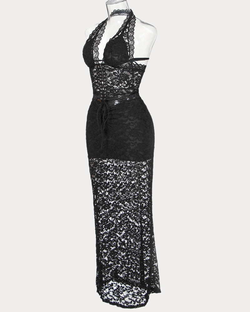 Plunge Neck Halter Lace Two-piece Set