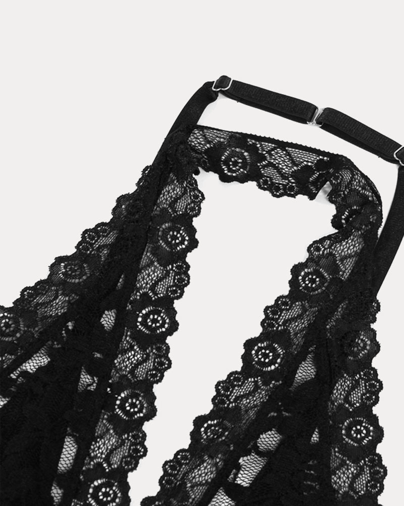 Plunge Neck Halter Lace Two-piece Set