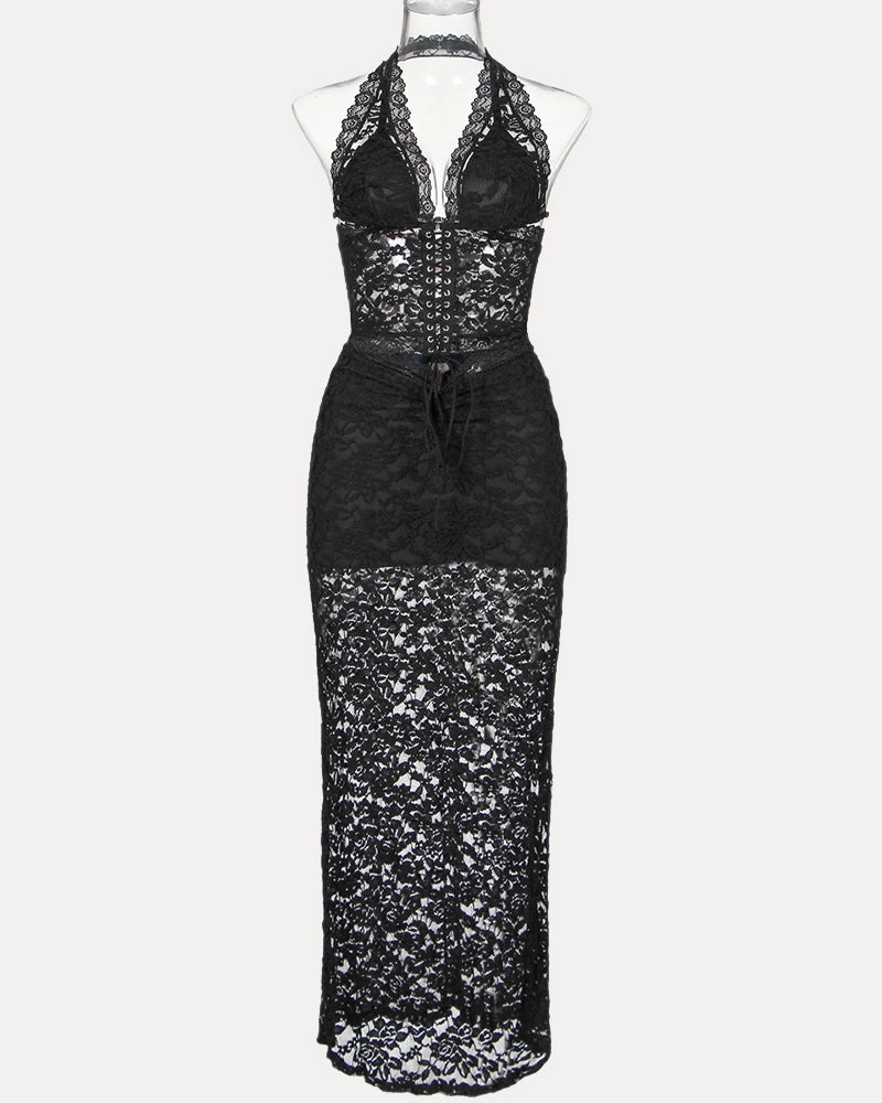 Plunge Neck Halter Lace Two-piece Set