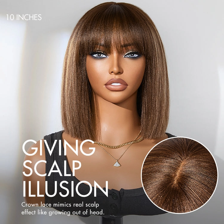 Special Deal | Ash Blonde Highlights Yaki Blunt Cut Bob Wig with Bangs Glueless Minimalist Lace Short Wig Breathable Cap
