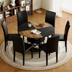Streamdale 47" Round Dining Table Set with 6 Black Chairs