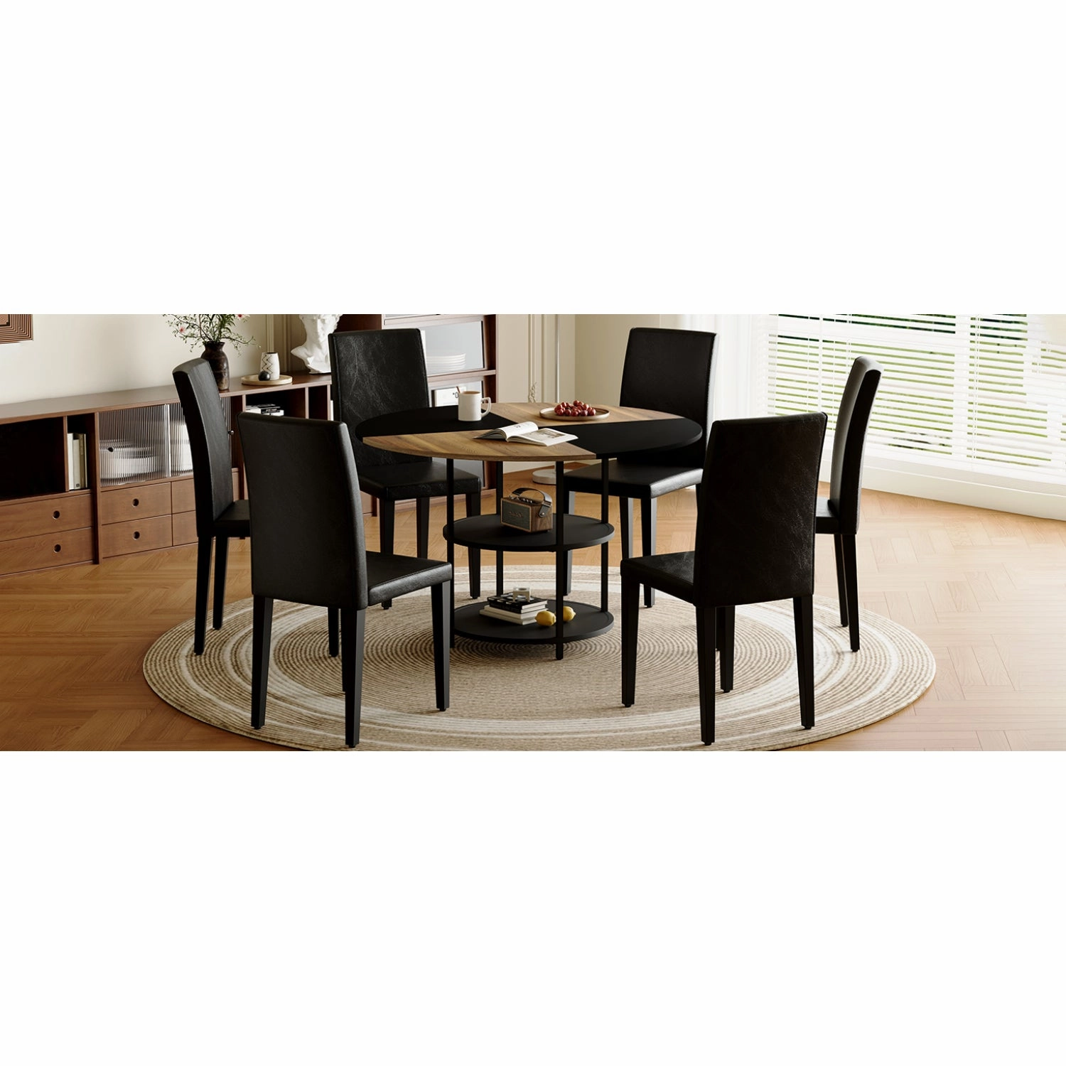 Streamdale 47" Round Dining Table Set with 6 Black Chairs
