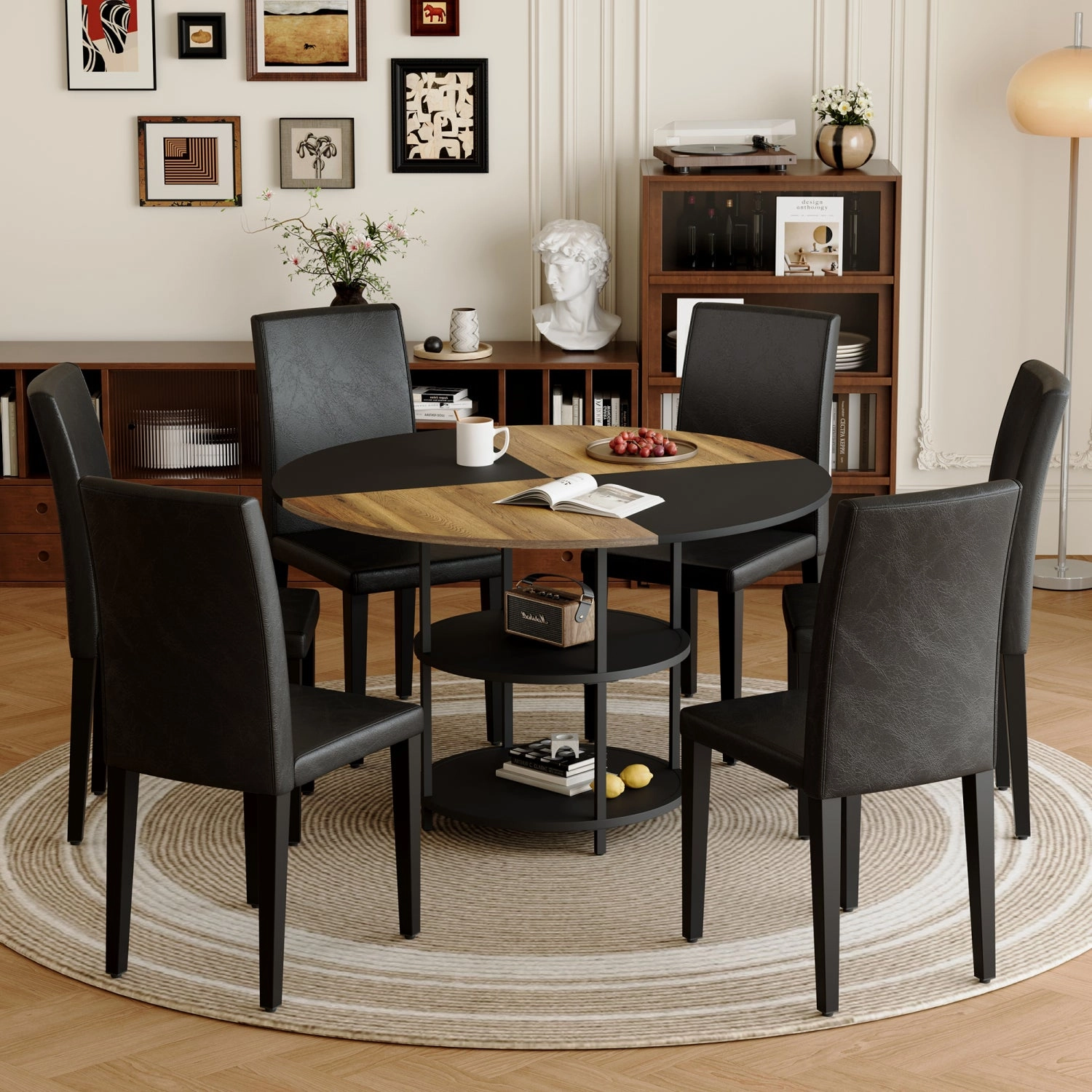 Streamdale 47" Round Dining Table Set with 6 Black Chairs
