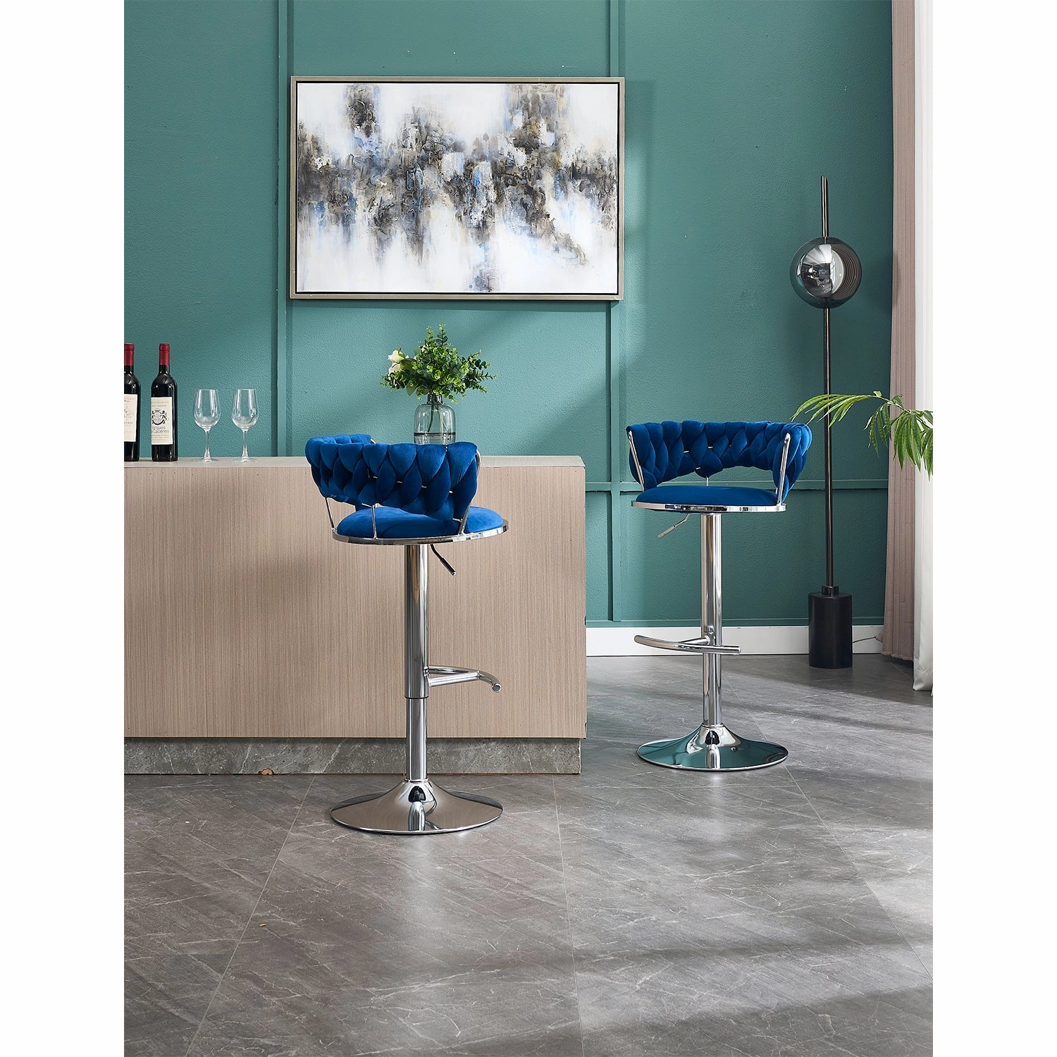 Streamdale Blue Velvet Bar Stools, Chrome Base, Adjustable Height (Set of 2)