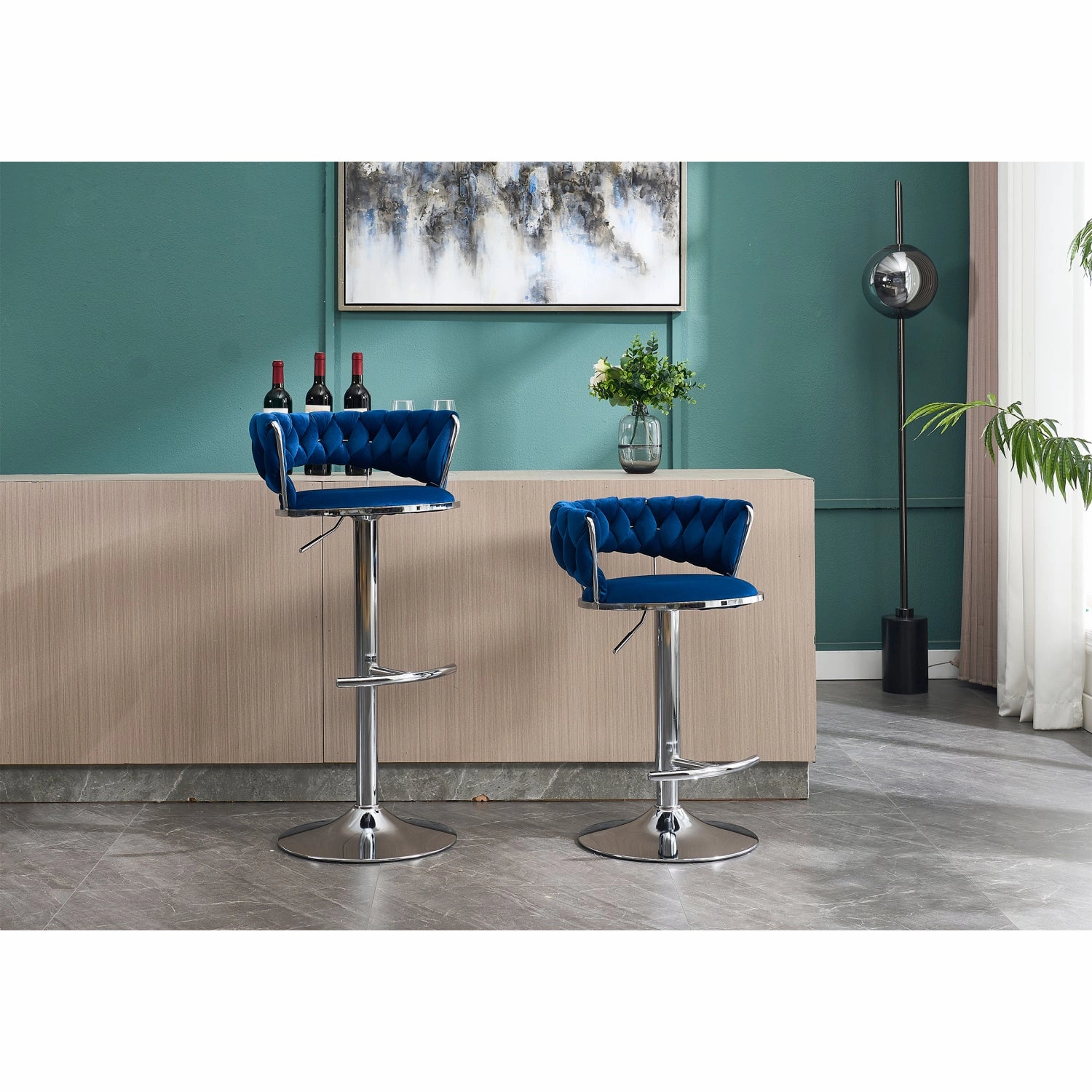 Streamdale Blue Velvet Bar Stools, Chrome Base, Adjustable Height (Set of 2)