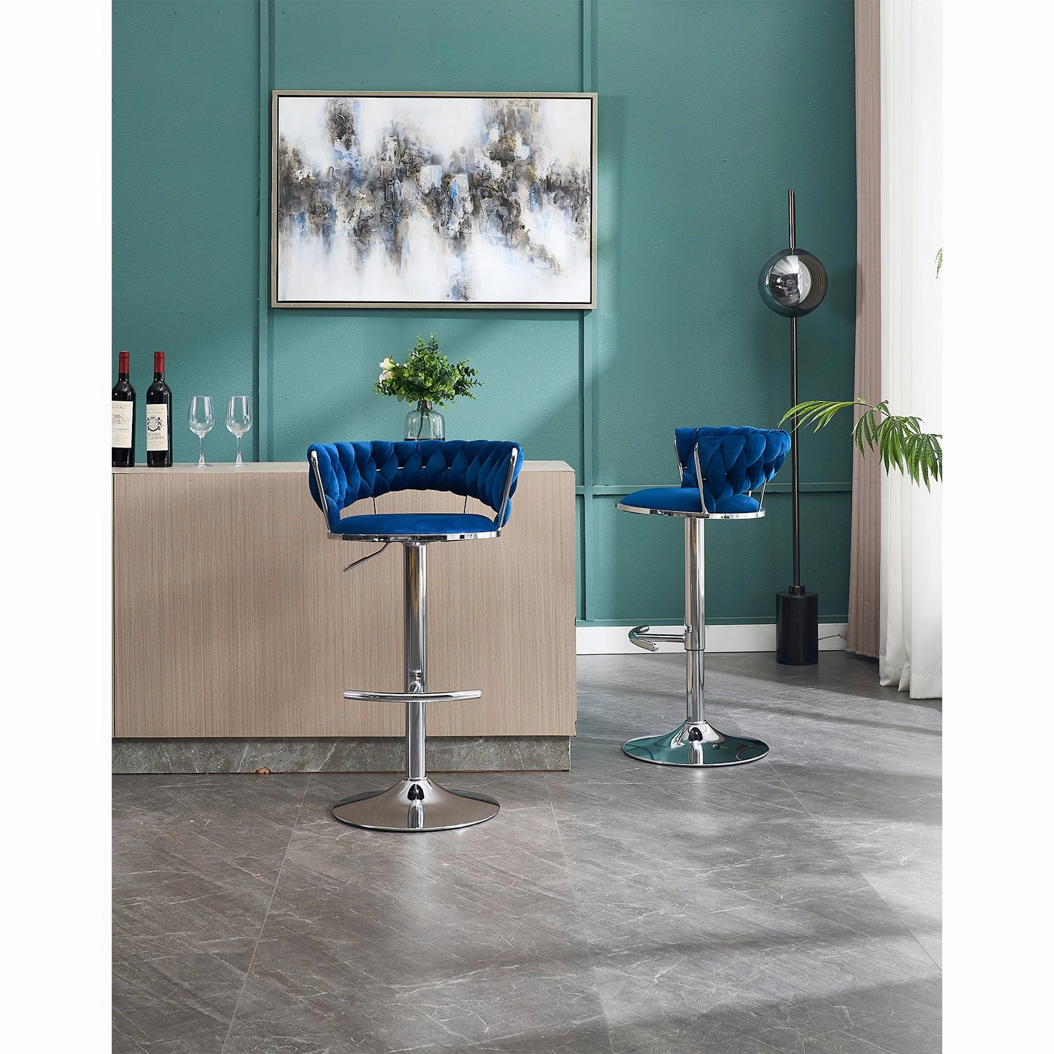 Streamdale Blue Velvet Bar Stools, Chrome Base, Adjustable Height (Set of 2)