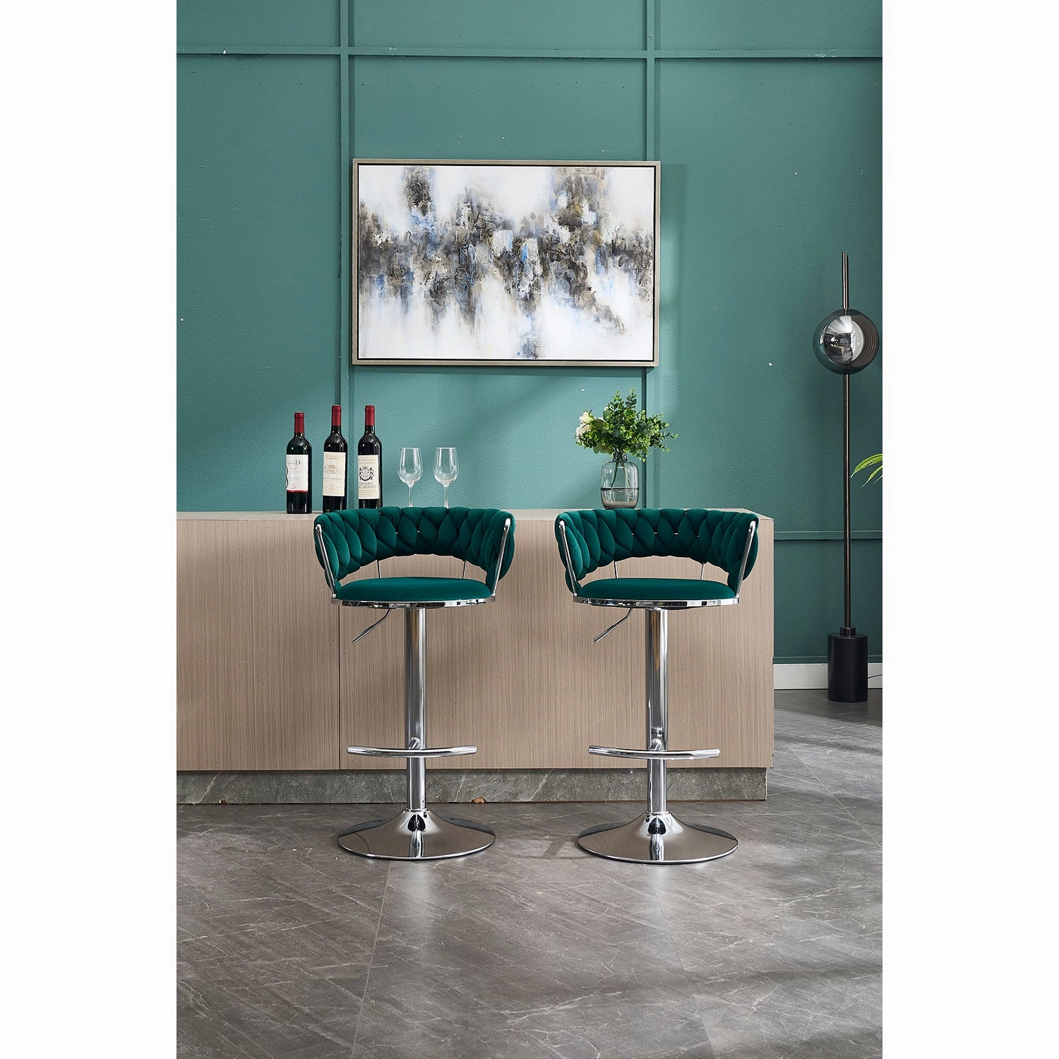 Streamdale Green Velvet Bar Stools, Chrome Base, Adjustable Height (Set of 2)