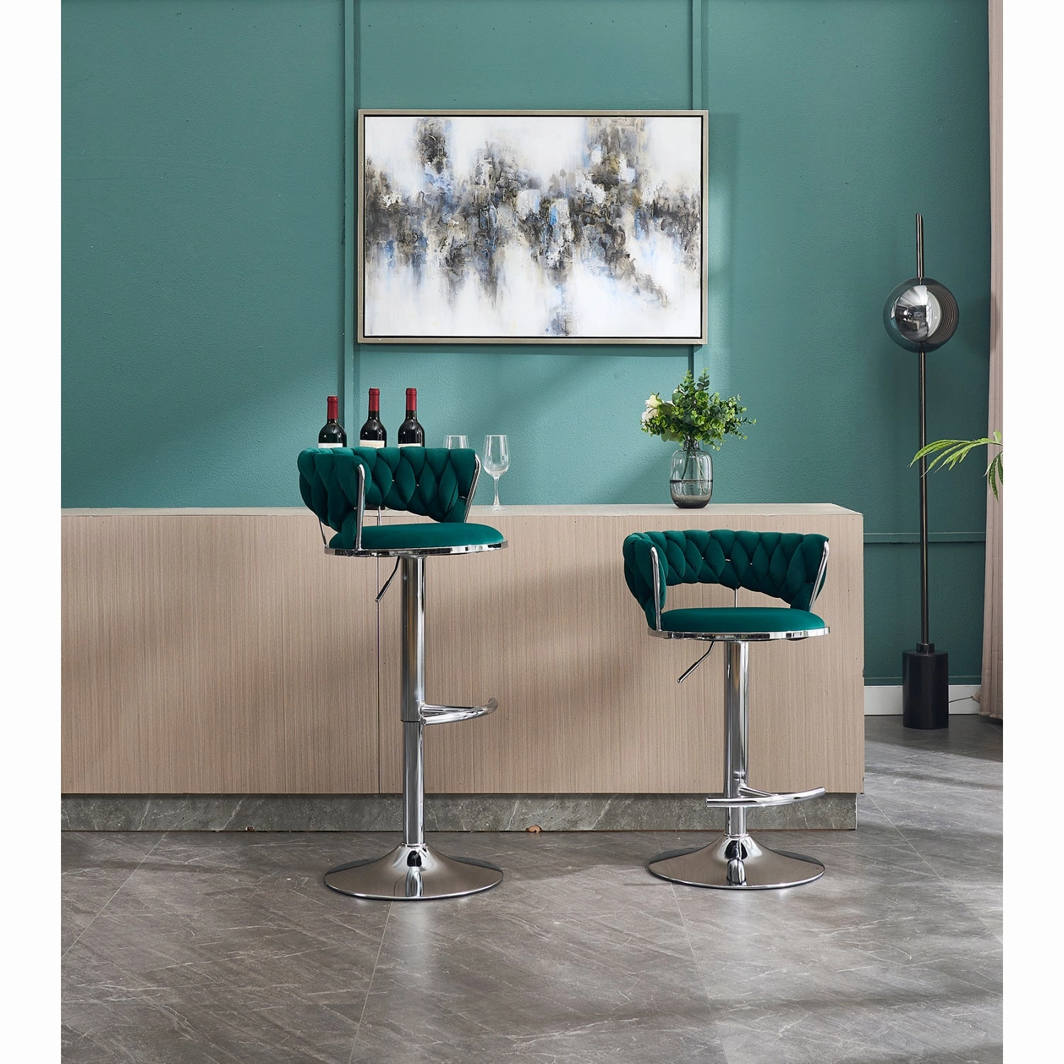 Streamdale Green Velvet Bar Stools, Chrome Base, Adjustable Height (Set of 2)