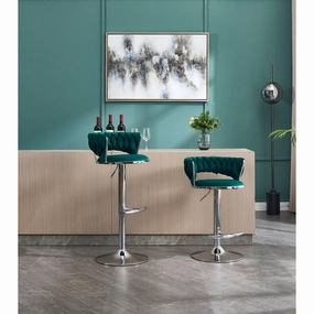 Streamdale Green Velvet Bar Stools, Chrome Base, Adjustable Height (Set of 2)