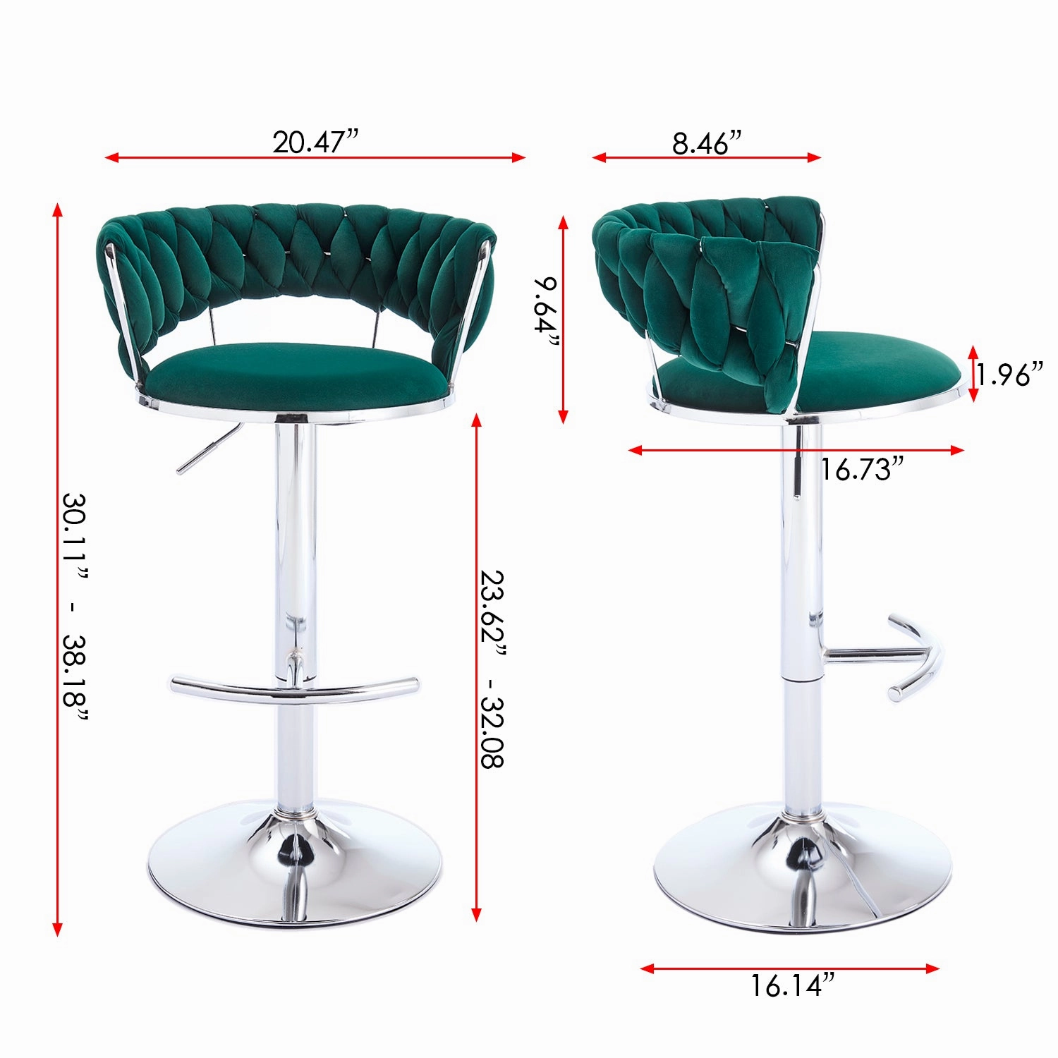 Streamdale Green Velvet Bar Stools, Chrome Base, Adjustable Height (Set of 2)