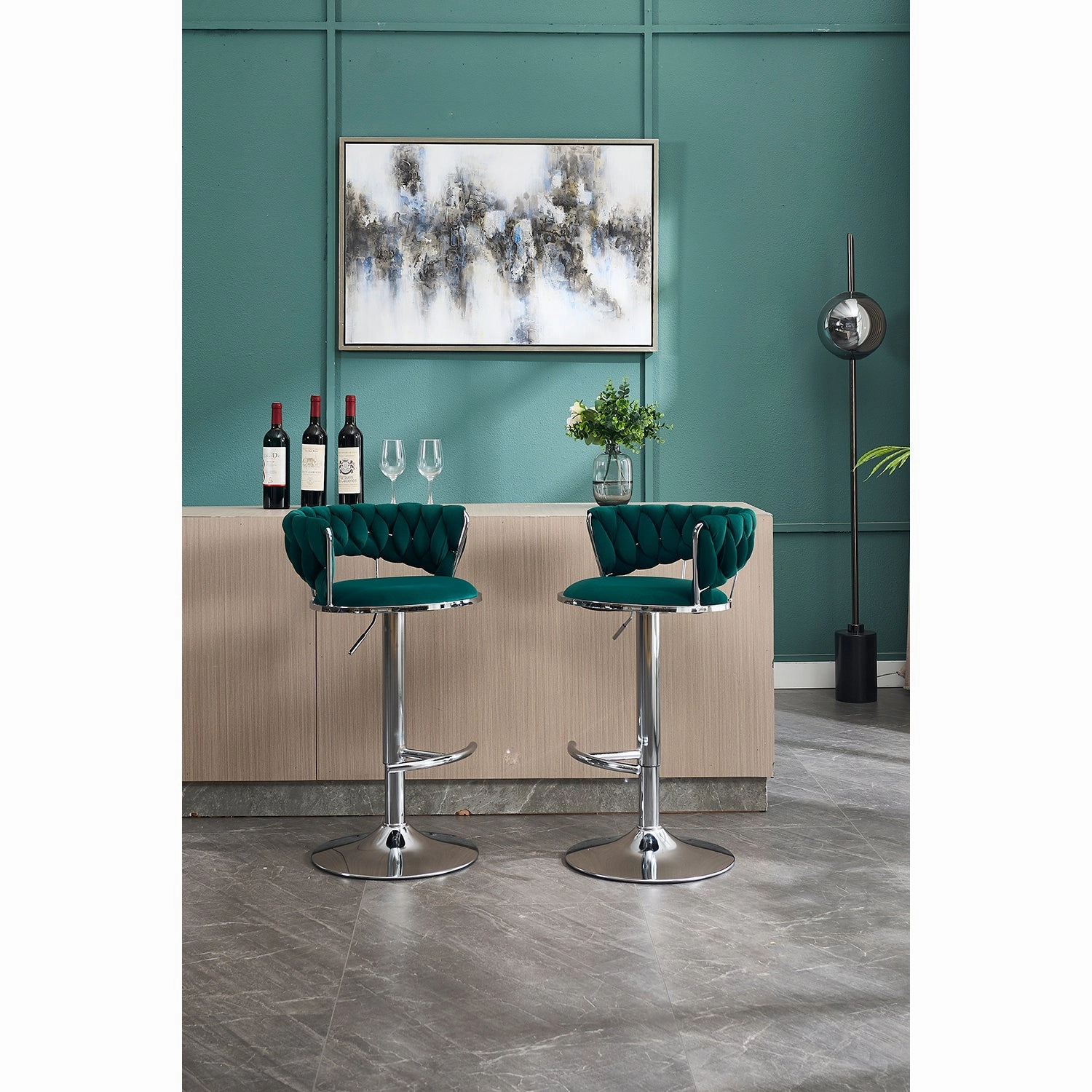 Streamdale Green Velvet Bar Stools, Chrome Base, Adjustable Height (Set of 2)