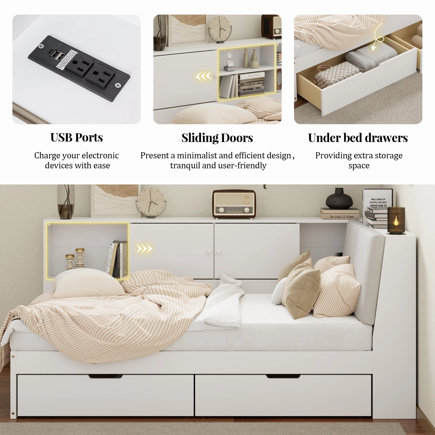 Streamdale Wooden Twin L-Shaped Daybed with Storage, Bookcase & USB