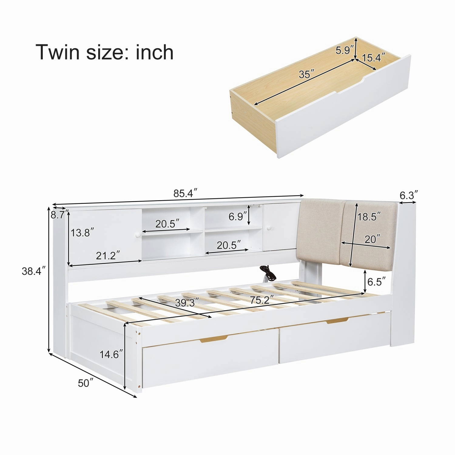 Streamdale Wooden Twin L-Shaped Daybed with Storage, Bookcase & USB
