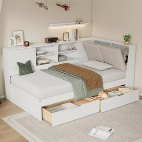 Streamdale Wooden Twin L-Shaped Daybed with Storage, Bookcase & USB