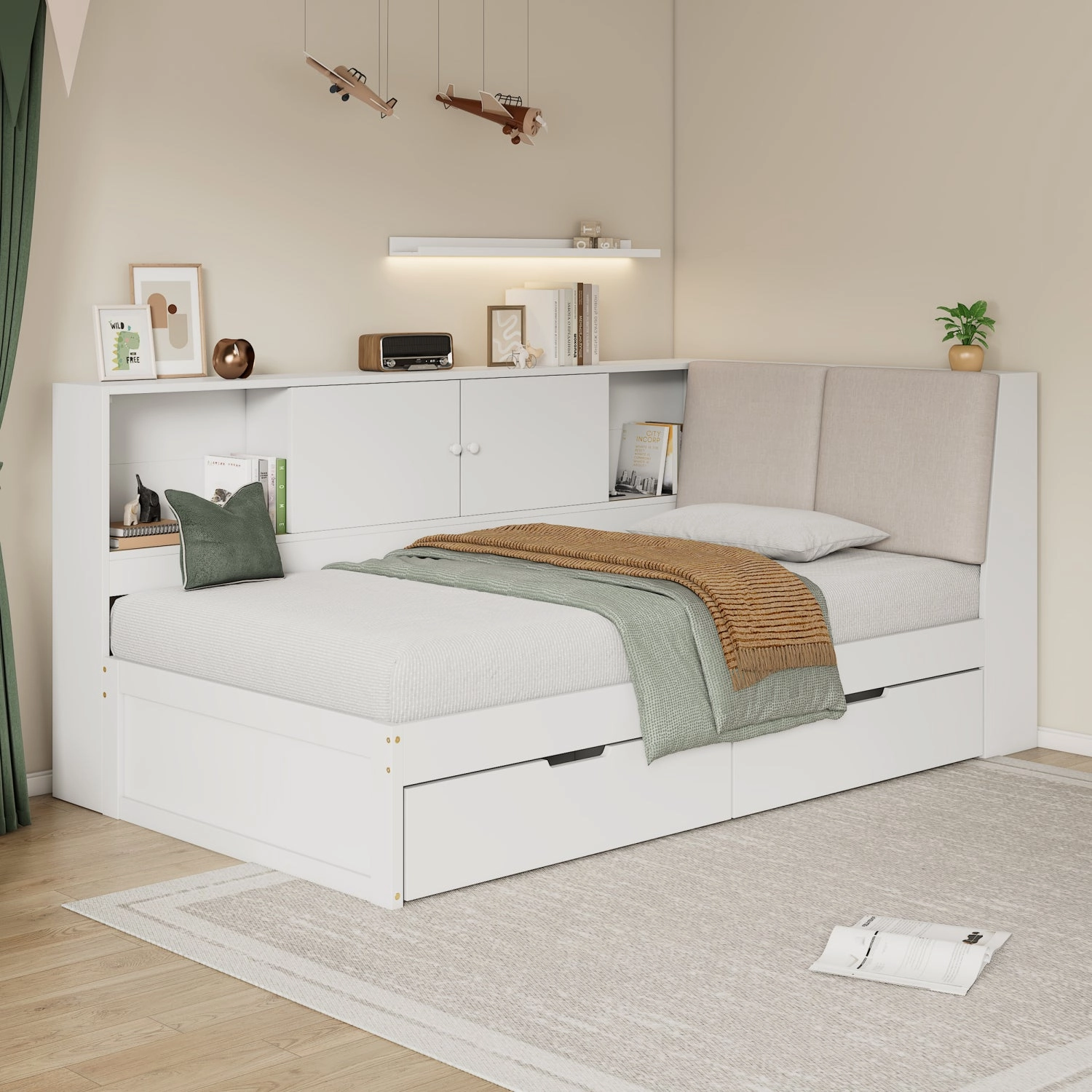 Streamdale Wooden Twin L-Shaped Daybed with Storage, Bookcase & USB