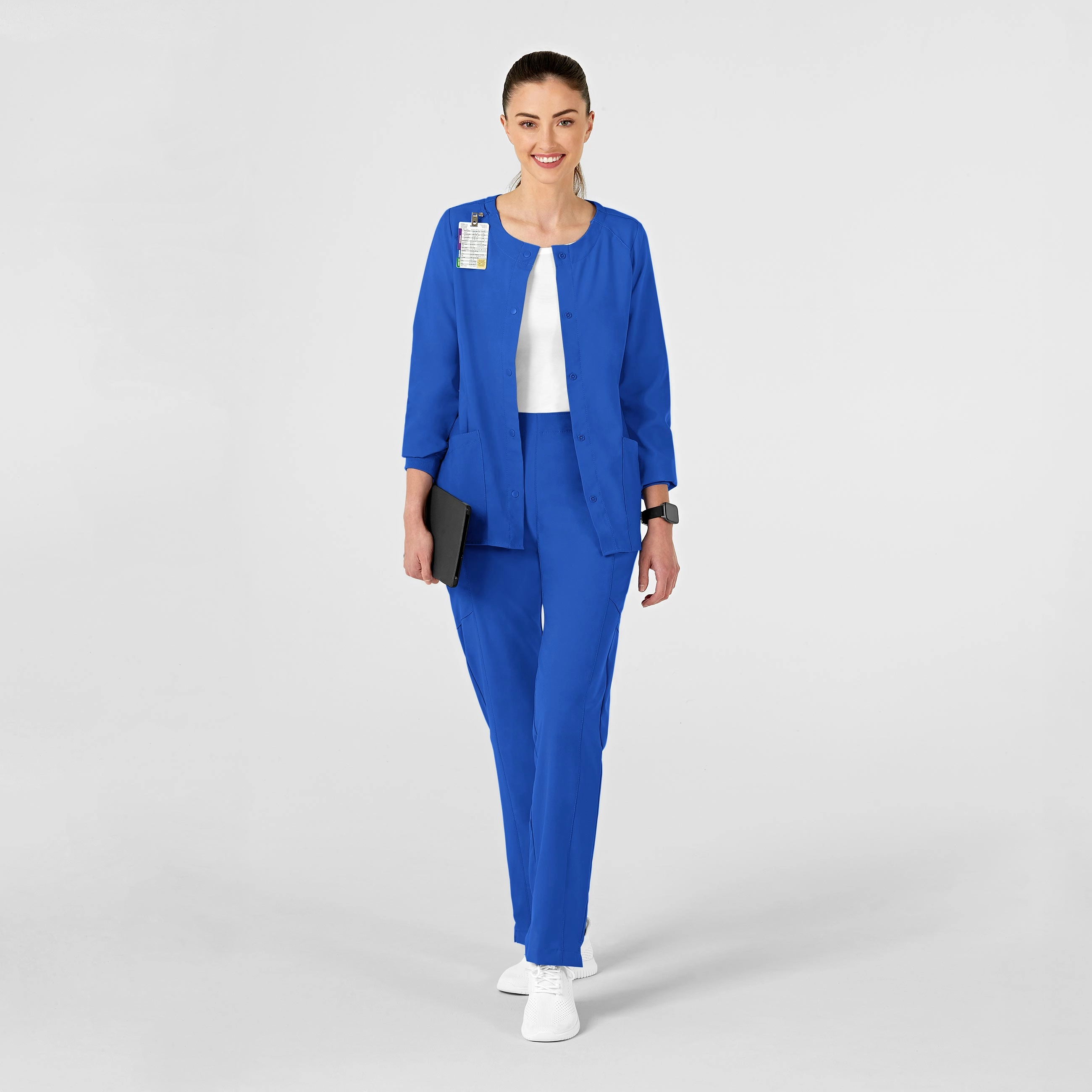 W123 Women's Crew Neck Warm Up Scrub Jacket - Royal
