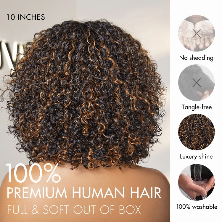 Weekly Special | 1 SEC INSTALL WIG Brown Highlight Water Wave Natural Scalp Glueless Minimalist Lace Short Curly Wig with Bangs