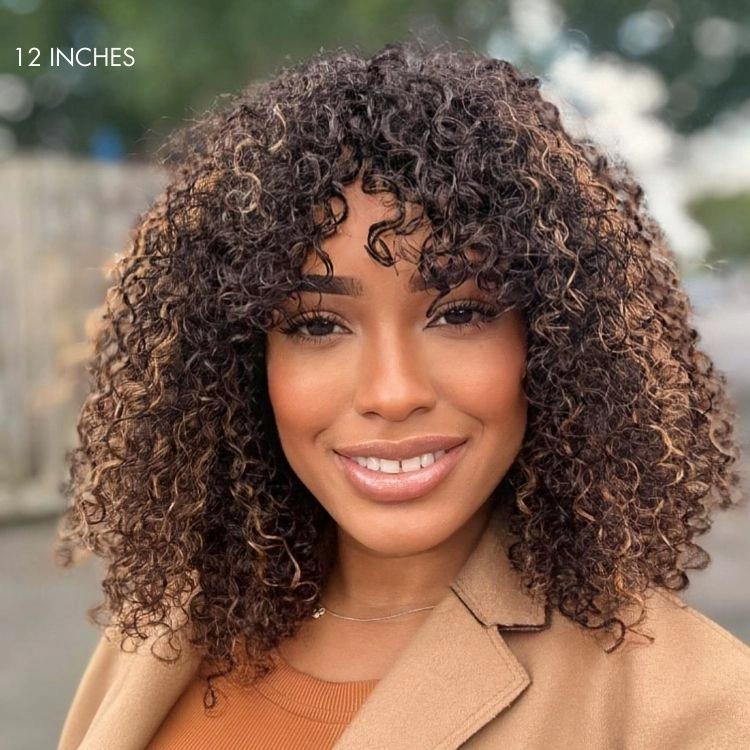 Weekly Special | 1 SEC INSTALL WIG Brown Highlight Water Wave Natural Scalp Glueless Minimalist Lace Short Curly Wig with Bangs