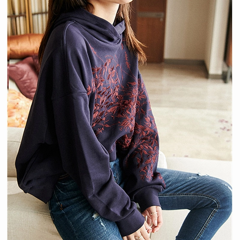 Women Hoodie Embroidery Loose Terry  Long Sleeves Casual